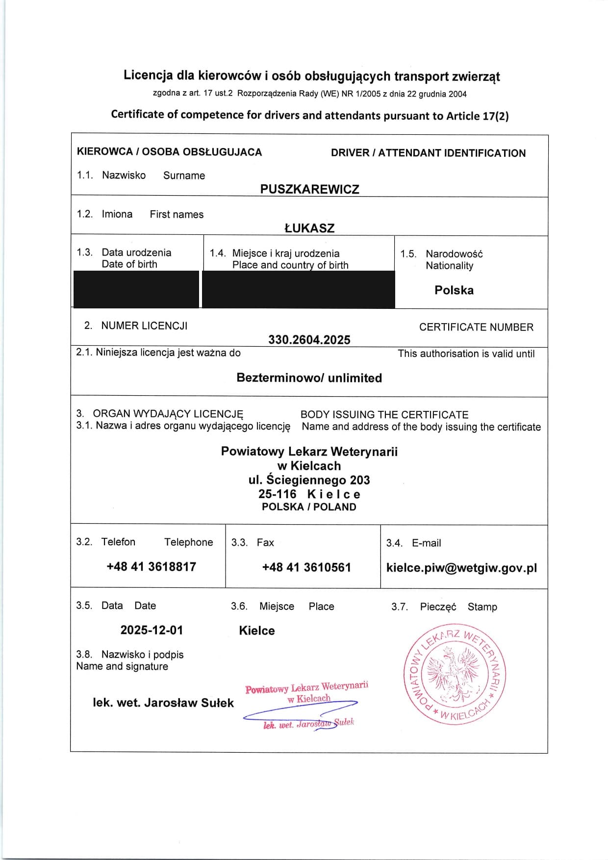 Official animal transport license — Łukasz Puszkarewicz, no. 330.2604.2025
