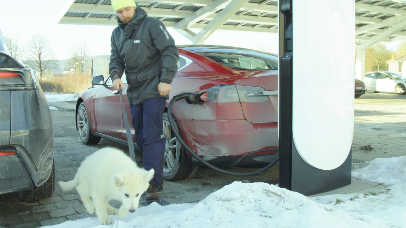 Tesla at a charging stop during a long-distance route