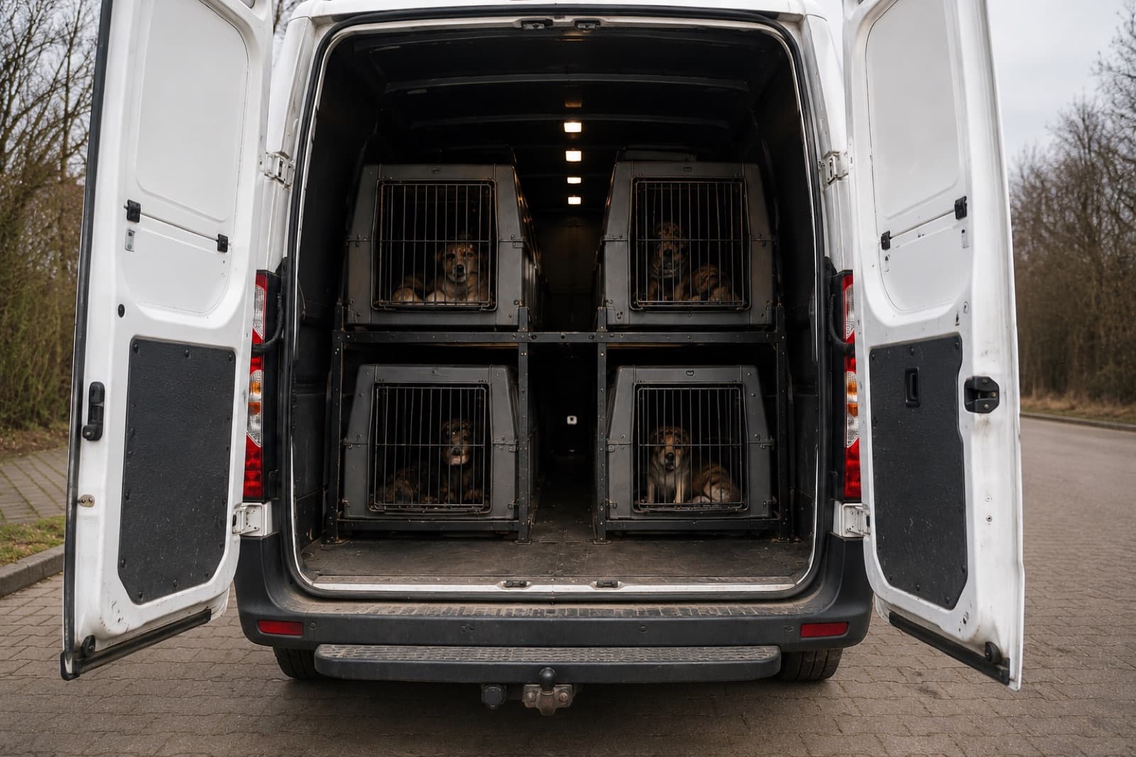 Typical group transport — stacked cages inside a cargo van